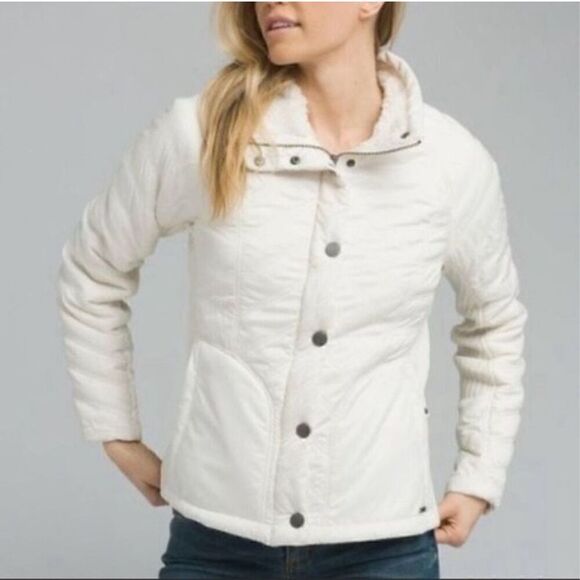 prAna Diva Softshell Jacket Womens Small S White Button‎ Zip Front Sherpa Lined - Picture 1 of 14